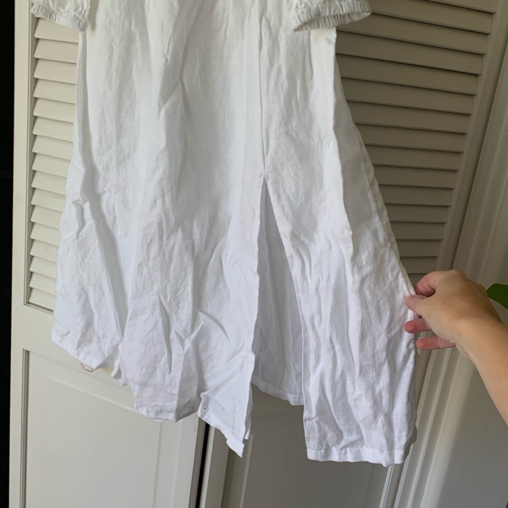 NWOT white smocked linen midi dress with square neck and side slit - Picture 3 of 6